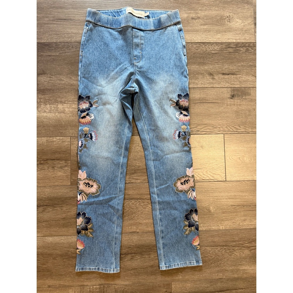 Soft Surroundings Womens Medium Floral Embroidered Pull On Jeans Blue 2HD45